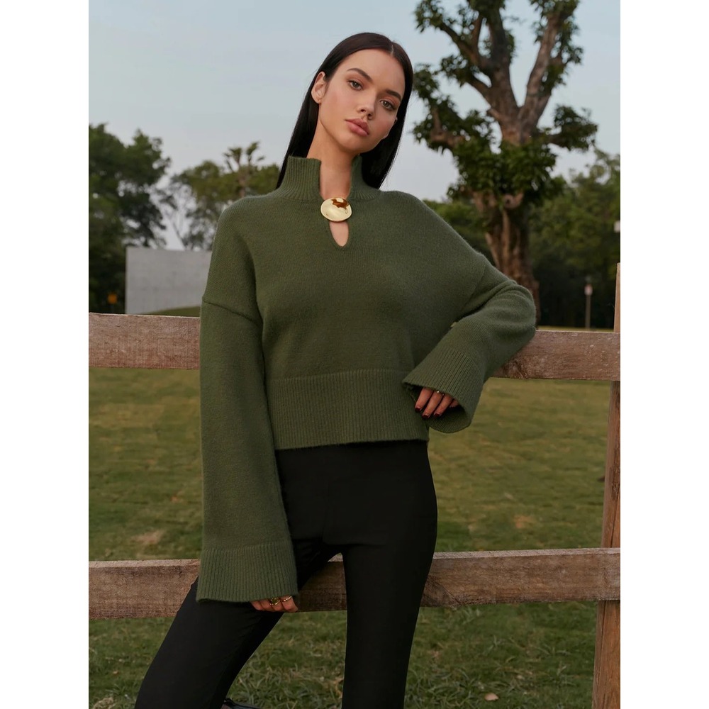 Commense Olive Green Keyhole Mock Neck Sweater Bell Sleeve Pullover XS‎